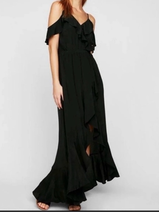 Express Dresses & Skirts - Express Black Cold-Shoulder Ruffle Maxi Dress
